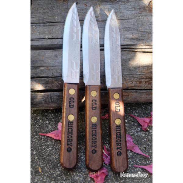 Lot de 3 Couteaux  steak T-Bone Ontario OLD HICKORY Lame Acier Carbone Manche Bois Made In USA