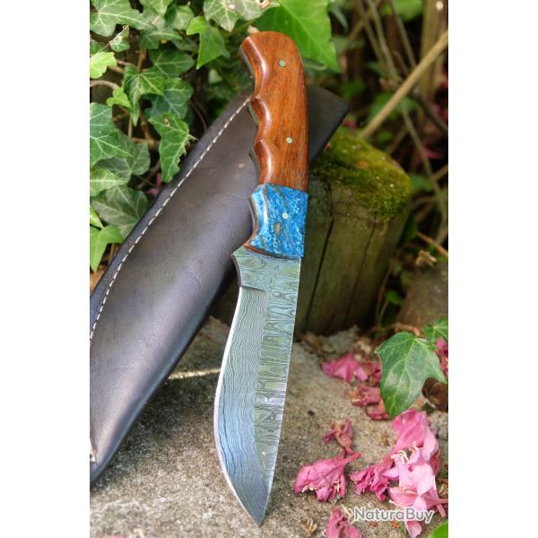 Couteau de Chasse Damas Lame Drop Point 256 Couches Manche Rsine Bois Fabr Artisan Etui Simili Cuir