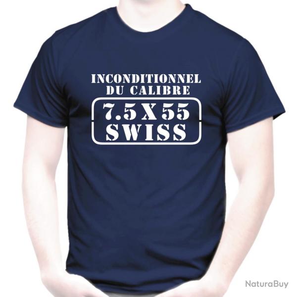 T-SHIRT - INCONDITIONNEL DU CALIBRE 7.5X55 SWISS - Suisse cartouche douilles Tir Fusil Carabine TAR