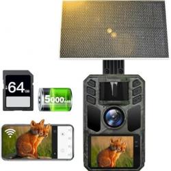 Caméra de Chasse Solaire WiFi 4K 64MP avec 5000mAh Batterie Rechargeable SD64 GB