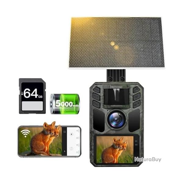 Camra de Chasse Solaire WiFi 4K 64MP avec 5000mAh Batterie Rechargeable SD64 GB