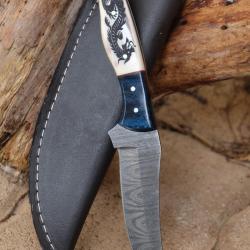 Couteau de Chasse Damas Lame 256 Couches Manche OS Scrimshaw Dragon Fabr Artisanale Etui Simili