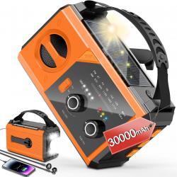Radio Solaire Portable AM/FM Batterie 30000mAh Boussole SOS Bluetooth Lampe de Poche Manivelle