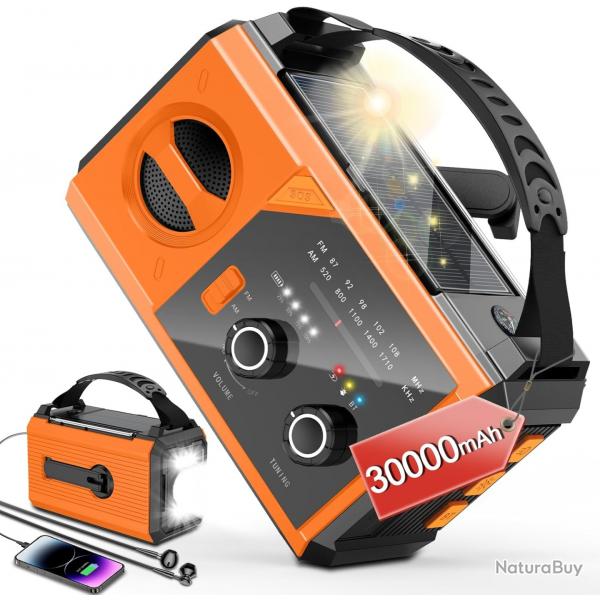 Radio Solaire Portable AM/FM Batterie 30000mAh Boussole SOS Bluetooth Lampe de Poche Manivelle