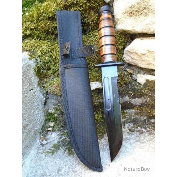 Couteau Tactical Marines Combat Fighting Lame Acier 3Cr13 Serr Black Manche Cuir Etui Style Ka-bar A