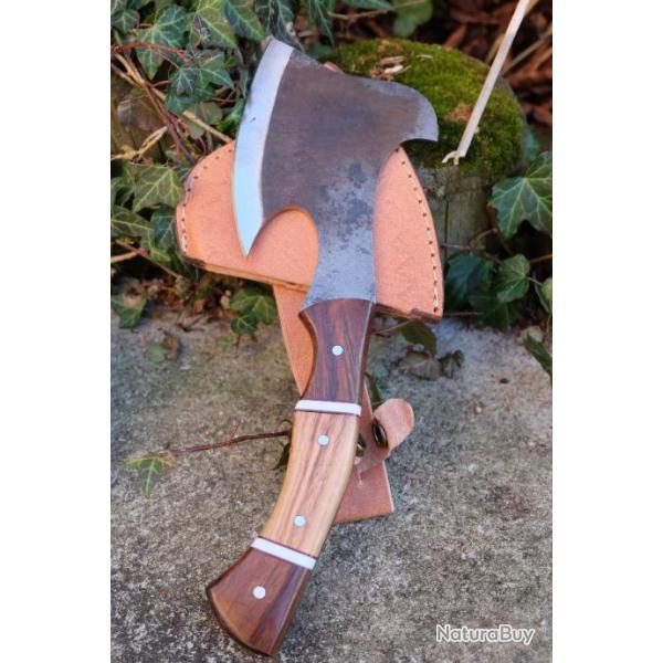 Hachette Survie Rescue Tactical Lame Acier Carbone 1075 Manche Bois Etui Cuir Fabric Artisanale 000