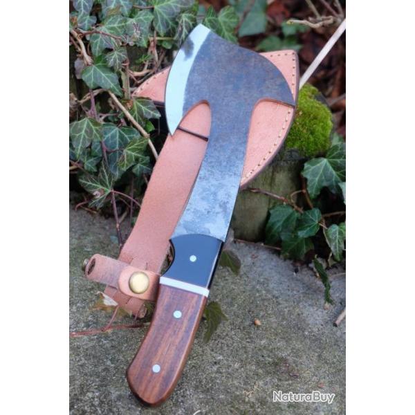 Hachette Survie Resvue Lame Acier Carbone 1075 Manche Bois/Rsine Etui Cuir Fabrication Artisanale01