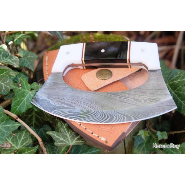 Couteau d'Esquimau Inuit Ulu Lame Acier Damas 256 Couches Manche Rsine Etui Cuir Fabric Artisanale