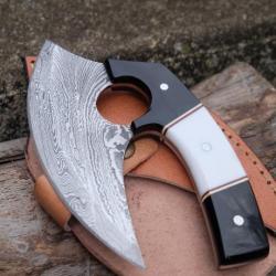Couteau d'Esquimau Inuit Ulu Lame Acier Damas 256 Couches Manche Résine Etui Cuir Fabric Artisan 01
