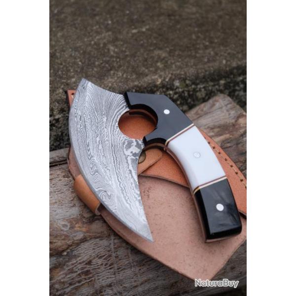 Couteau d'Esquimau Inuit Ulu Lame Acier Damas 256 Couches Manche Rsine Etui Cuir Fabric Artisan 01