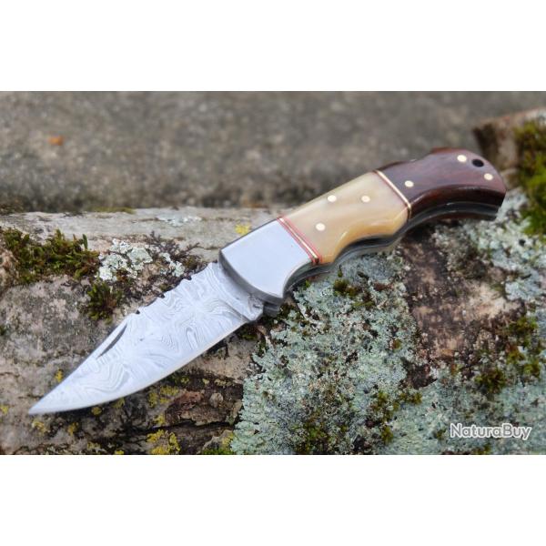 Couteau Lame Damas 128 Couches Manche Os & Bois Faon Buck 112 Fabrication Artisanale Lockback