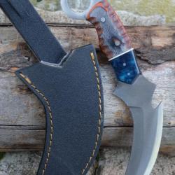 Couteau Karambit Lame Acier Carbone 1055 Manche Bois Etui/Résine Simili Cuir Fabr Artisanale 001