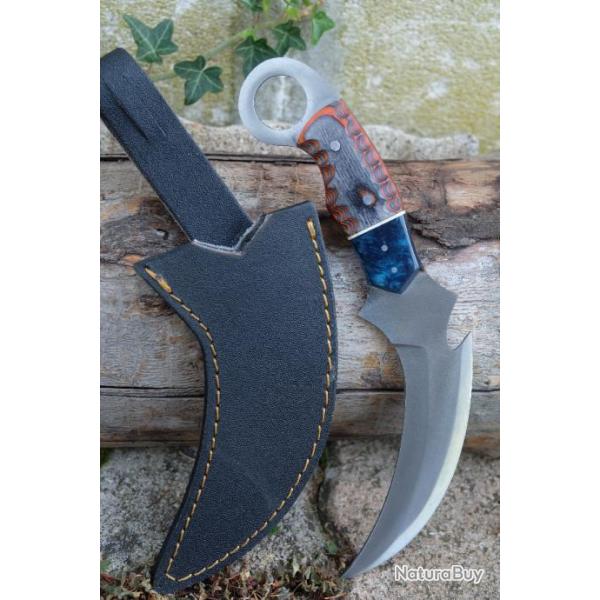 Couteau Karambit Lame Acier Carbone 1055 Manche Bois Etui/Rsine Simili Cuir Fabr Artisanale 001
