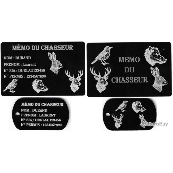 Mmo Chasseur + Port cl TAG militaire en aluminium grav au laser (Recto / Verso)