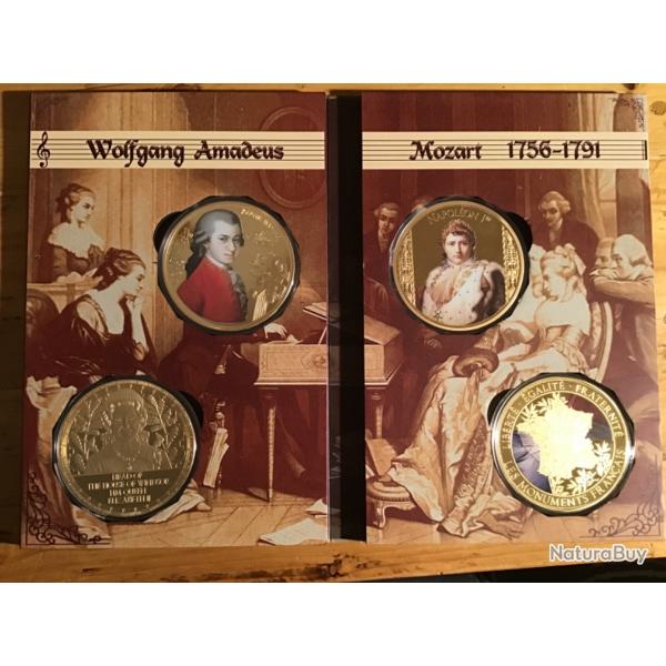 COFFRET AVEC 4 MDAILLES SWAROVSKI MOZART.NAPOLON.ELIZABETHII.TOUR DE EIFFEL.Commmoratives