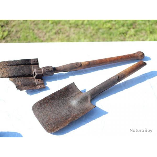 Lot 2 pelles allemandes en l'tat droite pliante Klappspaten modle 1938 WWII NORMANDIE 44