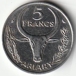 Pièce de Monnaie Madagascar 5 francs 1968