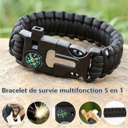 Bracelet 5-en-1 de survie avec boussole, sifflet, allume-feu, outil de coupe et corde d'urgence