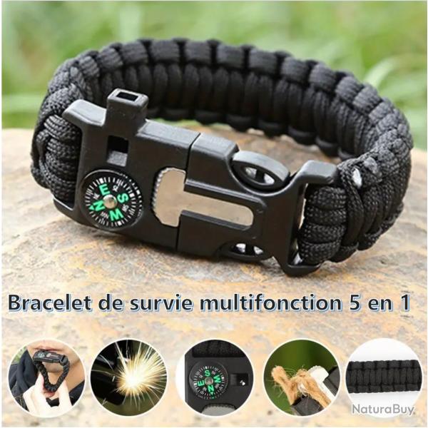Bracelet 5-en-1 de survie avec boussole, sifflet, allume-feu, outil de coupe et corde d'urgence