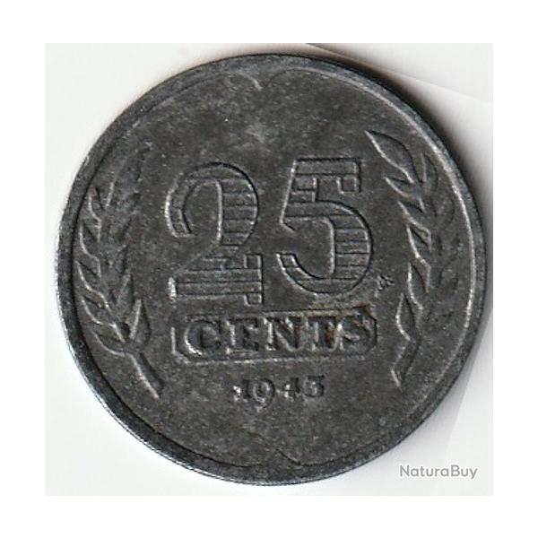 Pice de Monnaie Pays Bas 25 cents Wilhelmine Occupation allemande 1943