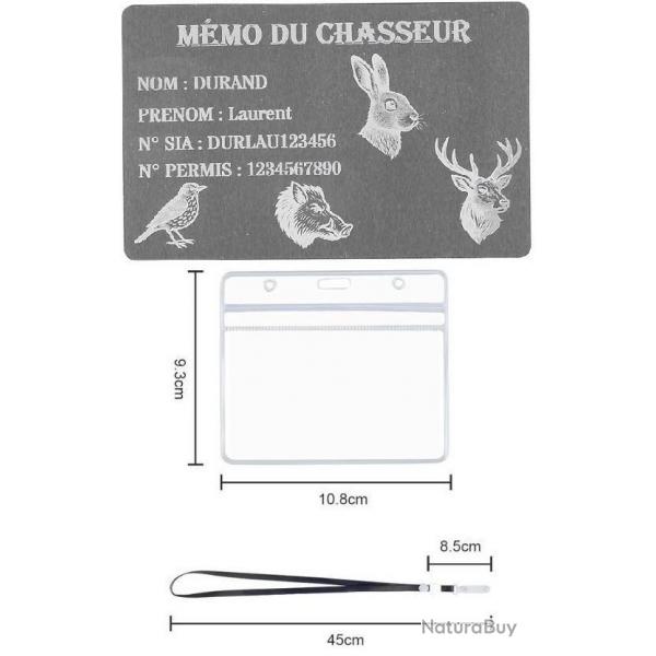 Mmo Chasseur Argent en aluminium grav au laser (Recto) + Porte badge tour de cou