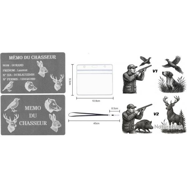 Mmo Chasseur Argent en aluminium grav au laser (Recto / Verso) + Porte badge tour de cou