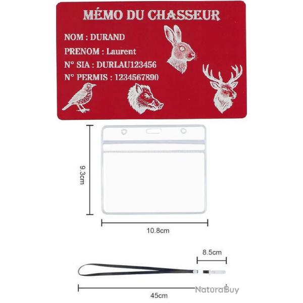 Mmo Chasseur rouge en aluminium grav au laser (Recto) + Porte badge tour de cou