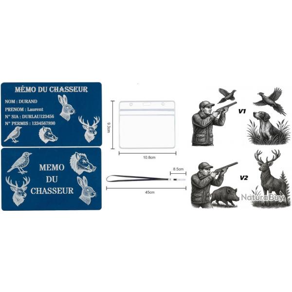 Mmo Chasseur bleu en aluminium grav au laser (Recto / Verso) + Porte badge tour de cou