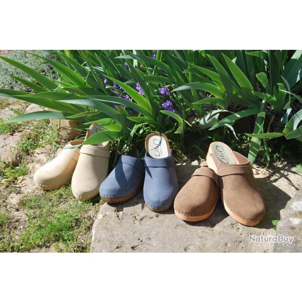 Sabots sudois femme en daim nubuck luxe bleu marine navy 37