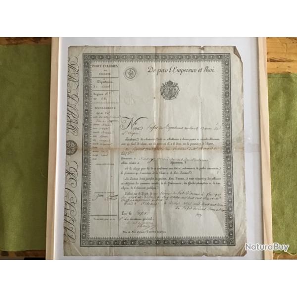 RARE  PERMIS DE PORT D ARMES DE CHASSE. DE PAR EMPEREUR ET ROI NAPOLEON 1 re date 1810