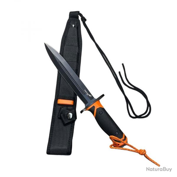 Couteau dague FUZYON lame noire 20cm manche synthtique noir et orange avec tui