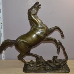 "Statue Fonte De Fer Cheval  Serpent Mexique 19 Eme" Patine Bronze Signé Jules Jacquemar ?