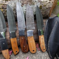 LOT DE 5 Couteau Skinner Damas Lame Acier 256 Couches Manche Bois Etui Simili Cuir Fabr Artisanale05