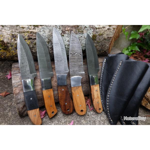 LOT DE 5 Couteau Skinner Damas Lame Acier 256 Couches Manche Bois Etui Simili Cuir Fabr Artisanale05