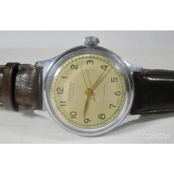 Montre-bracelet sovitique vintage de sport, d'arrt de la trotteuse 17j 1 mchz Kirova USSR 1950's