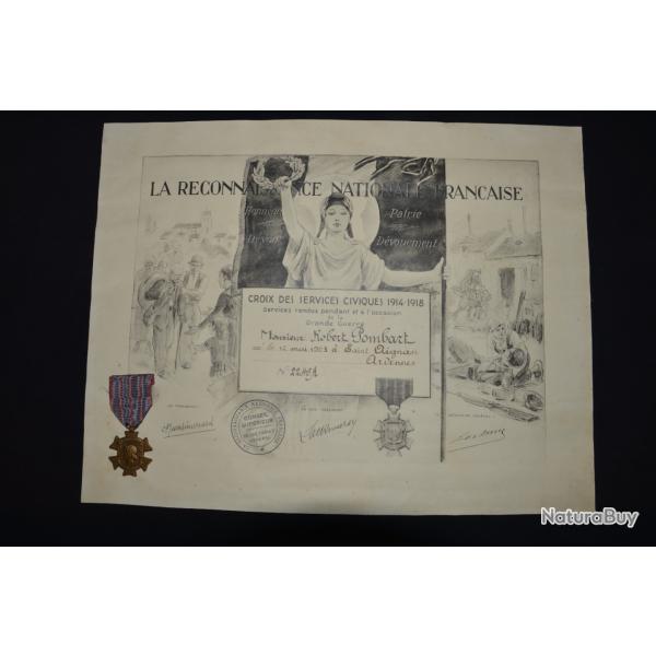 MEDAILLE SERVICES CIVIQUES 1914-1918-LRNF-AVEC DIPLME-Robert POMBART-St AIGNAN (ARDENNES)