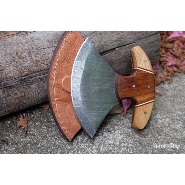 Couteau d'Esquimau Inuit Ulu Lame Acier Damas 256 Couches Manche Bois Etui Cuir Fabric Artisanale 01