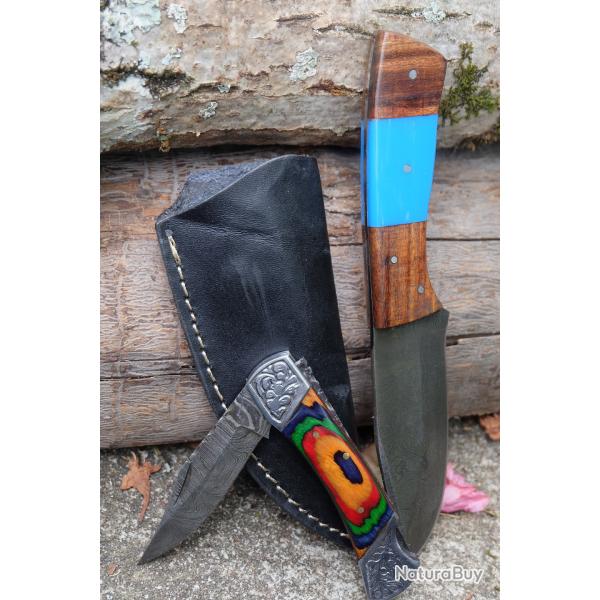 Lot de 2 Couteaux:  Skinner Damas Lame 256 Couches Etui Cuir + Pliant Lame 128 Couches Style Buck 00
