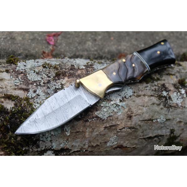 Beau Couteau Damas Lame Drop Point 128 Couches Manche Blier & Rsine Fab Artisanale Linerlock