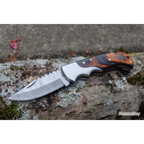 Couteau Lame Damas 128 Couches Style Buck 112 Manche Bois Lockback Fabr Artisanale