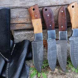 LOT DE 5 Couteau Skinner Damas Lame Acier 256 Couches Manche Bois Etui Simili Cuir Fabr Artisanale01