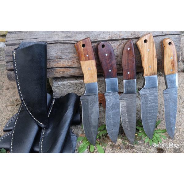LOT DE 5 Couteau Skinner Damas Lame Acier 256 Couches Manche Bois Etui Simili Cuir Fabr Artisanale01