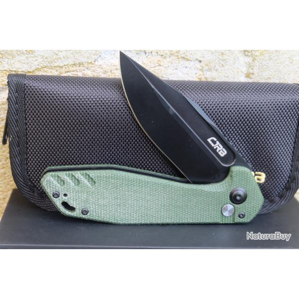 Couteau CJRB Cutlery Riff Green Lame Acier AR-RPM9 BLK Manche Micarta IKBS Button Lock J1928-BMGN