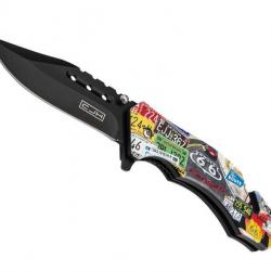 COUTEAU CJH ABS PLAQUES ROUTE 66 12CM INOX NOIR