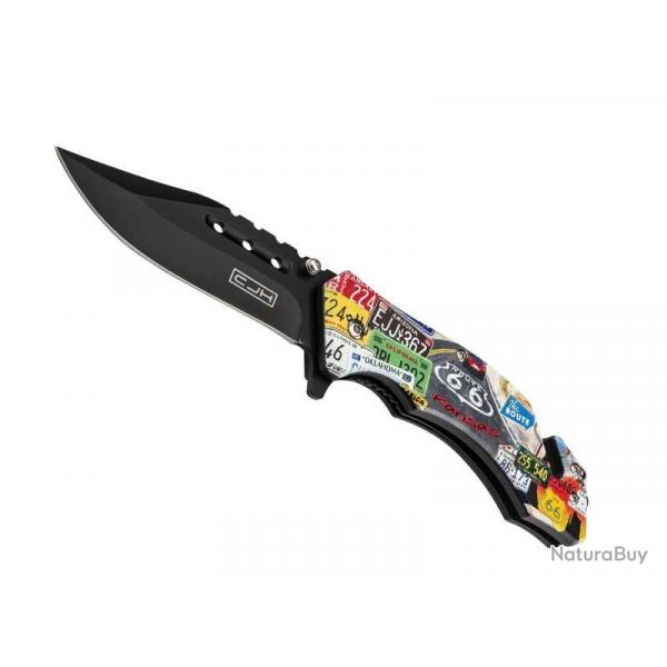 COUTEAU CJH ABS PLAQUES ROUTE 66 12CM INOX NOIR
