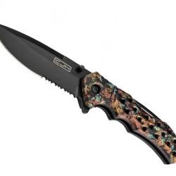 COUTEAU CJH ABS CAMO METALLIQUE 12CM INOX NOIR SEMI-DENTEE
