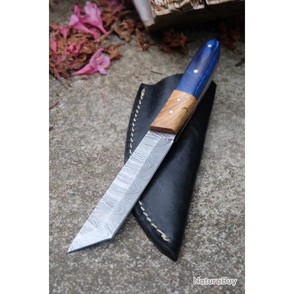 Mini Katana Couteau Tanto Damas Lame 256 Couches Manche 2 Bois Fabrication Artisanale Etui Cuir