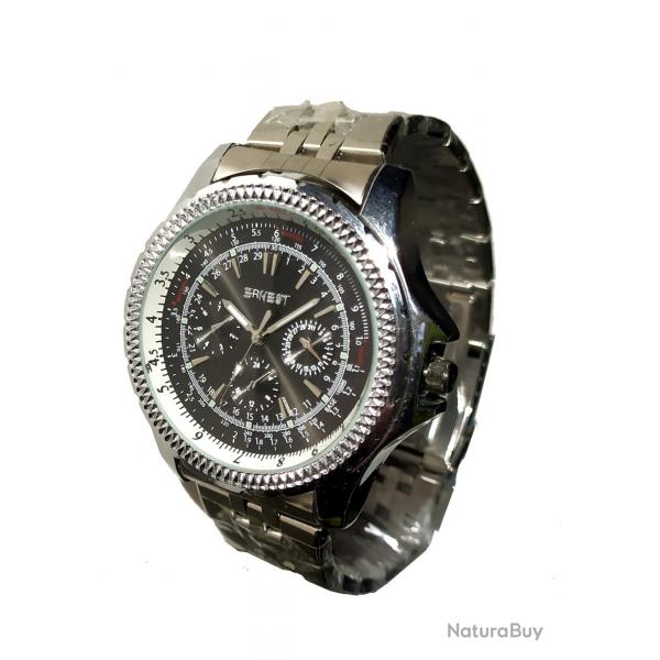 Montre Mtal Argent type AVIATEUR  Fond Noir Diamtre 5cm Style Classique