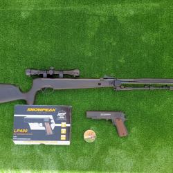 PACK-4 Carabine Piston gaz Snowpeak  SU1200S, Canon Fixe Cal. 5,5 mm 19,9 j. + Pistolet LP400 4,5 mm