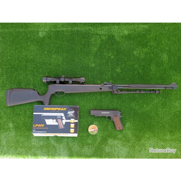 PACK-4 Carabine Piston gaz Snowpeak  SU1200S, Canon Fixe Cal. 5,5 mm 19,9 j. + Pistolet LP400 4,5 mm